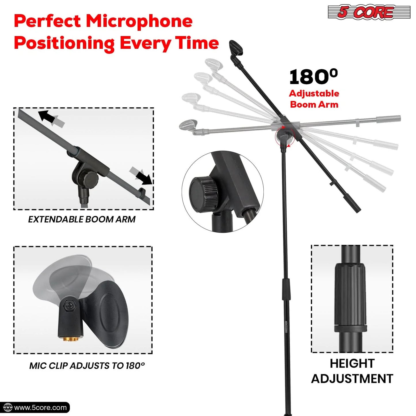 5Core Tripod Mic Stand 4Pcs Heavy Duty Adjustable Holder Floor Microphone Boom Arm BLACK