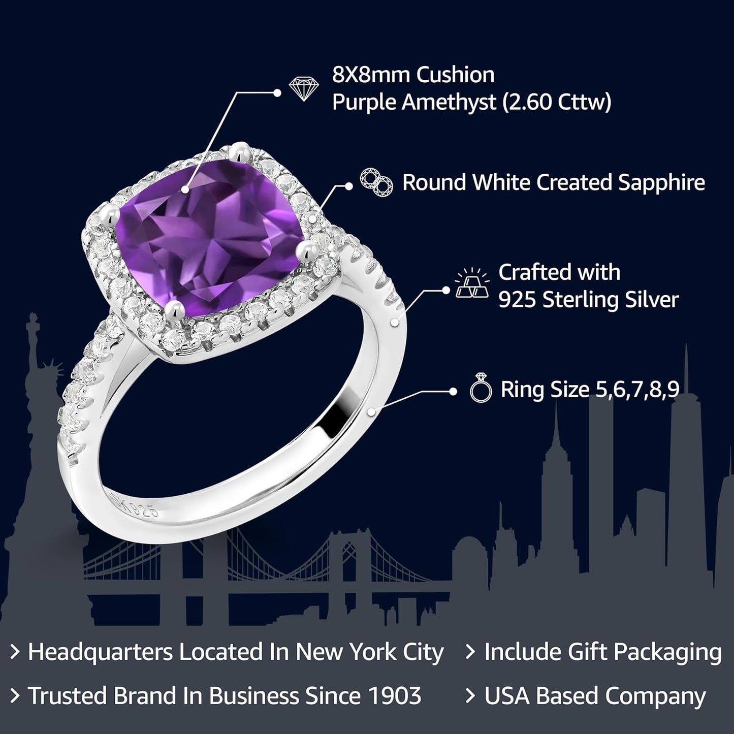 925 Sterling Silver Purple Amethyst and White Created Sapphire Women'S Engagement Ring (2.60 Cttw, 8MM Cushion Cut, Gemstone Birthstone, Available in Size 5, 6, 7, 8, 9)