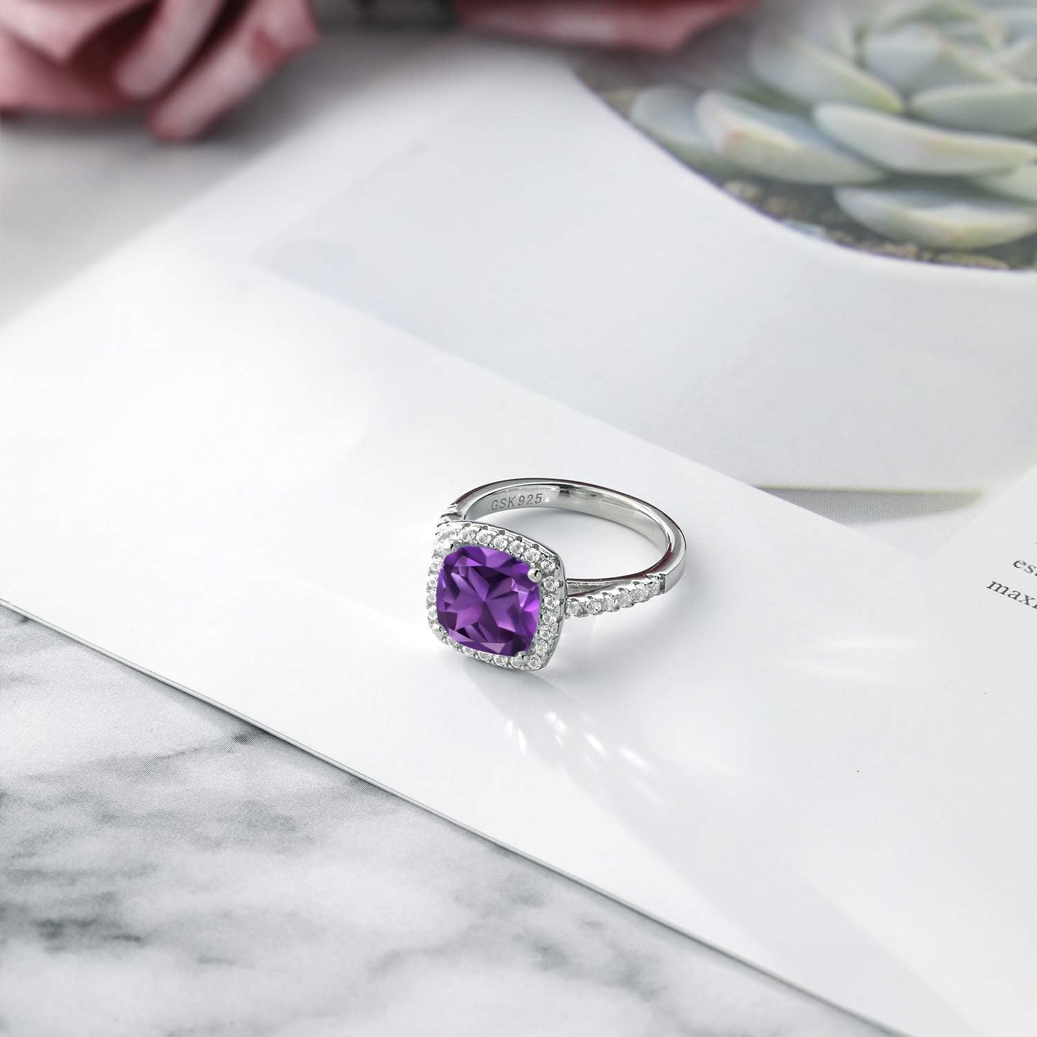 925 Sterling Silver Purple Amethyst and White Created Sapphire Women'S Engagement Ring (2.60 Cttw, 8MM Cushion Cut, Gemstone Birthstone, Available in Size 5, 6, 7, 8, 9)