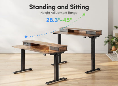 Height Adjustable Electric Standing Desk with Double Drawer, 55 X 24 Inch Stand up Table with Storage Shelf, Sit Stand Desk with Splice Board, Black Frame/Rustic Brown Top